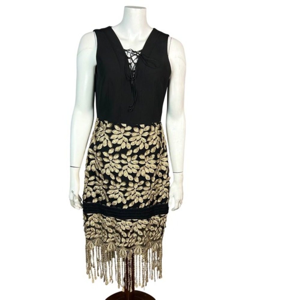 Badgley Mischka Boho Cocktail Dress Size 8 Black Gold Lace Fringe Corset Chic